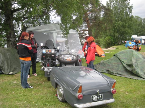 Ford Anglia Saloon based Trailer behind Motorcycle